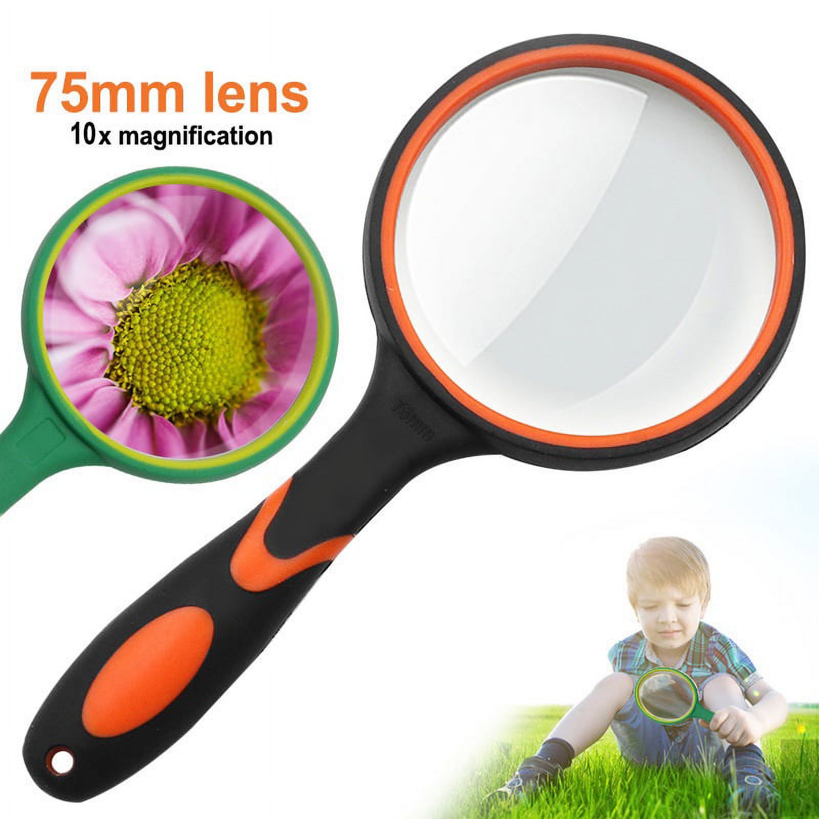 75mm 10X Handheld Magnifying Glass Shatterproof Reading Magnifier for Seniors and Kids, Real Glass Magnifying Lens with Non-Slip Rubber Handle for Reading Hobbies and Science
